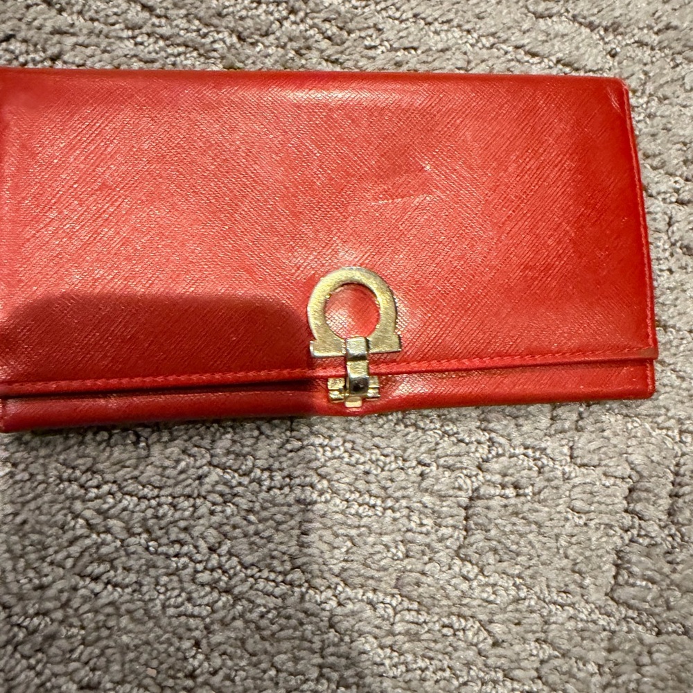 Red Leather Clutch Salvatore Ferragamo Wallet with Gold Hardware